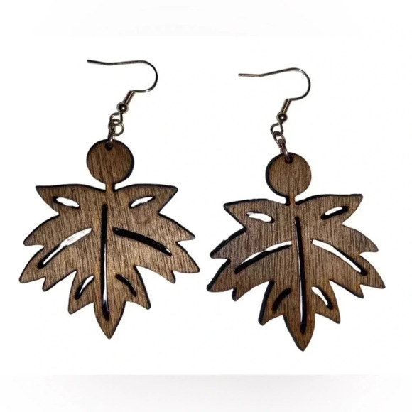 Handcrafted Wooden Leaf Earrings - Picture 3 of 3